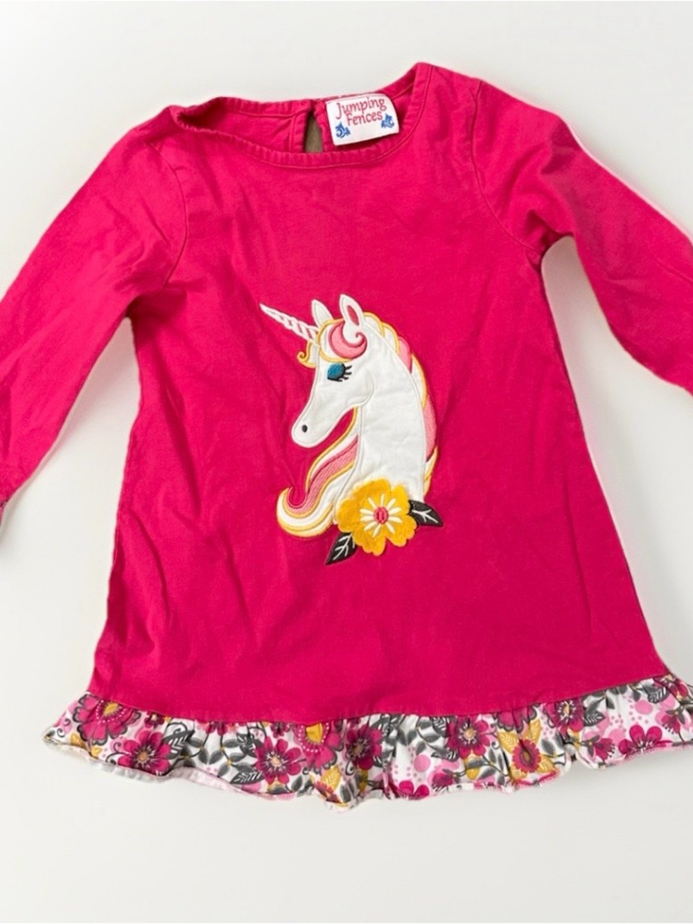 jumping beans Bright Pink Long-Sleeve Unicorn Top with Floral Ruffle